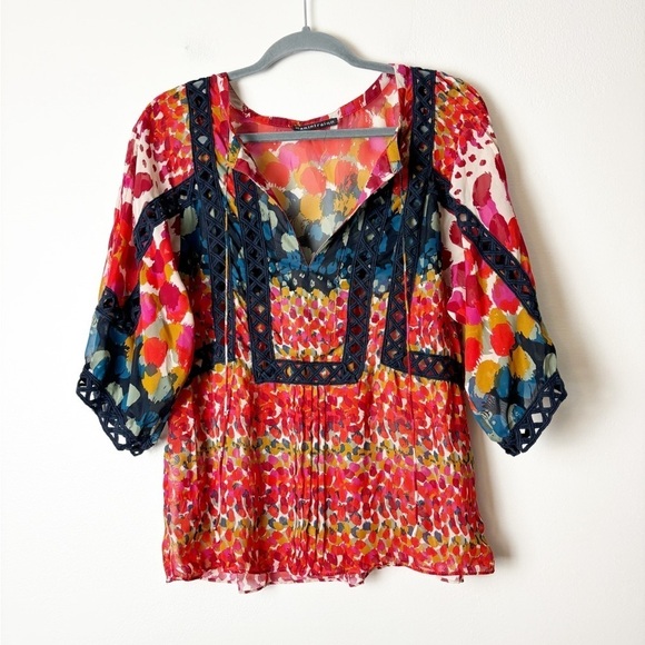 DANIEL RAINN • Women’s Colorful Semi Sheer Boho Peasant Lace Blouse Size Medium - Picture 1 of 6